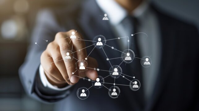 Businessman hold circle of network structure HR Human resources. Business leadership concept. Management and recruitment. Social network. Different person, business, leader