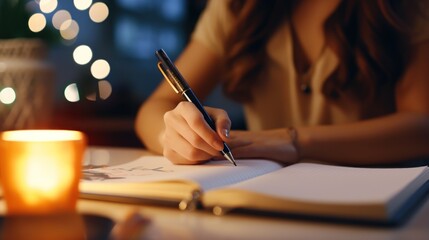 writing and notebook for working at night on creative ideas, strategy or schedule at a desk. Closeup of entrepreneur woman with pen and notes for planning, information or goals for a project - obrazy, fototapety, plakaty