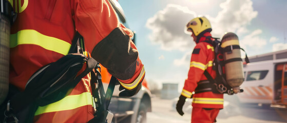Obraz premium Firefighters with gear in sunlight prepare for action.