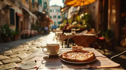 Deurstickers Vacations and recreation day, Cup of espresso coffee with slices of pizza with beautiful Italian street, relax, cafe, breakfast, morning, white, beverage, hot, caffeine © Polpimol