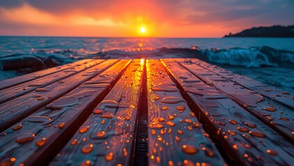Sunset over ocean viewed from a wet wooden pier