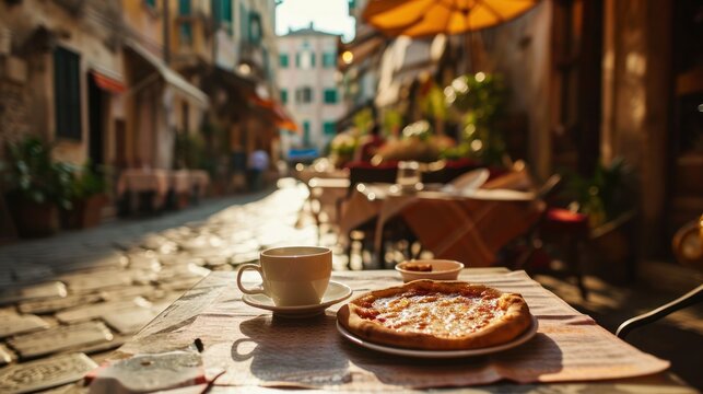 Fototapeta Vacations and recreation day, Cup of espresso coffee with slices of pizza with beautiful Italian street, relax, cafe, breakfast, morning, white, beverage, hot, caffeine
