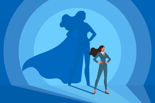 confident businesswoman with a superhero shadow, concept of successful leadership and achieve career growth ,hero poses, super boss,CEO Business success, vector illustration