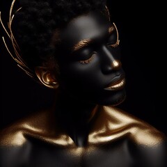 Beautiful black man with golden bodyart on black background.  