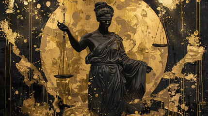 
Uma pintura dourada e preta sobre a justiça social e o objetivo de uma sociedade justa e igualitária
