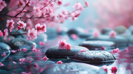 Close-up shot of serene Japanese Zen garden with rocks, sakura and water pond