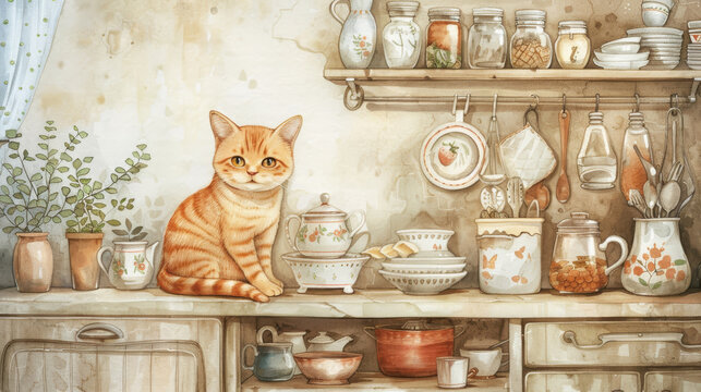 Playful cute cat happily cooking in vintage kitchen, charming watercolor