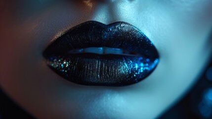 Glamorous black glossy lips close-up. Half-open female model mouth expresses sensuality and sexuality. Desaturated colors. Beauty and fashion concept.