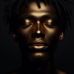 Portrait of a beautiful african american man with gold skin on dark background