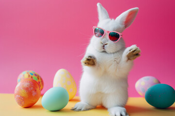 Easter bunny wearing sunglasses and colourful Easter eggs on pink background with copy space.