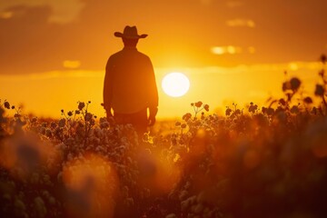Farmer harvesting cotton in a field as the sunset.