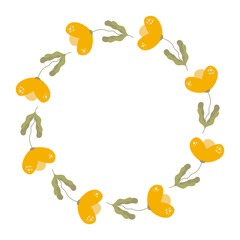 Spring minimalist floral Wreath with copy space. Hand drawn frame with elegant Yellow flowers. Flat summer decoration elements for invitation cards posters with copy space