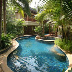 Beautiful swimming pool in small resort, tropical style