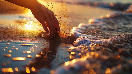 sinta o mar, 
mão deixando cair areia na praia, luz contra a hora dourada, fotografia bela composição