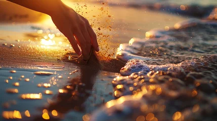 Fotobehang sinta o mar,  mão deixando cair areia na praia, luz contra a hora dourada, fotografia bela composição © Alexandre