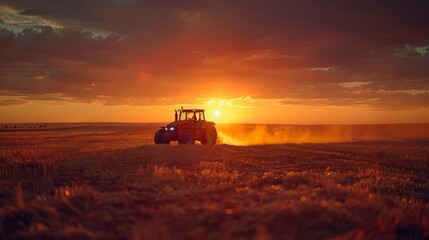Fototapeta premium Tractor ploughing the ground of farm land at sunset