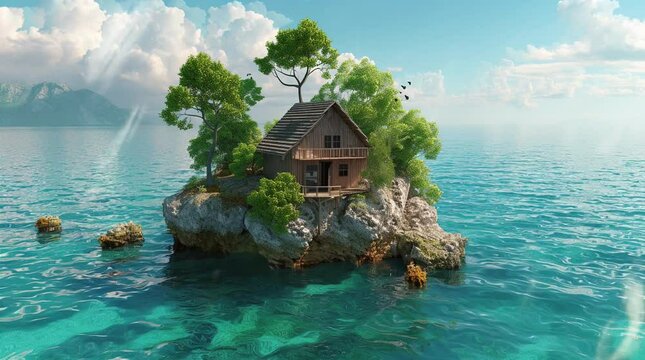 Enchanting Small Rock Island: A Wooden House Amidst Towering Trees on a Sunlit Day Seamless looping 4k time-lapse virtual video animation background. Generated AI