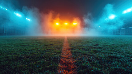 Soccer Game Field with Neon Fog at the Center and Midfield