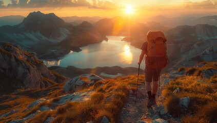 Hike in the mountains at sunset. Sport and active life concept.