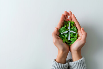 Fototapeta na wymiar Green Energy renewable,Eco friendly,Earth Day,Environmental, Social, and Corporate Governance concept.,Hand holding Green leave and wind turbine on white background with copyspace.