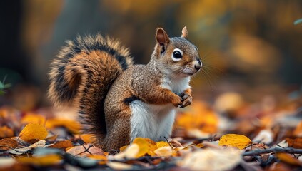 Naklejka na ściany i meble Squirrel in the autumn forest. Wild animal in the nature.