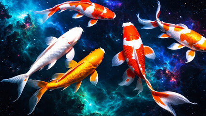 a group of glowing koi fish floating through space, nebula galaxy, stars, milky way, otherworldly 
