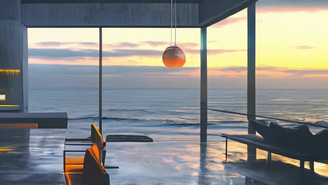 Side view of modern dining room with panoramic windows, concrete floor, orange armchairs standing on the terrace and sea view.