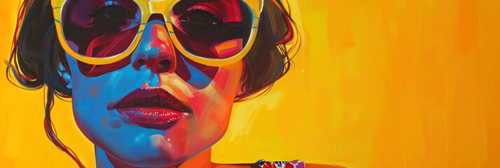 Vibrant artwork of a woman with oversized sunglasses reflecting urban vibes