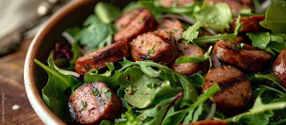 Canvas Prints A detailed view of a bowl filled with savory sliced sausage salad, featuring crisp salad leaves and a burst of flavor, placed on a table.