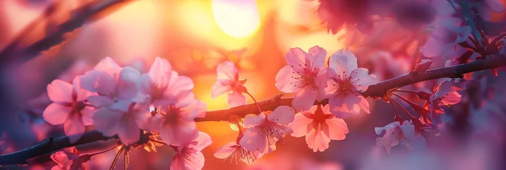 Rolgordijnen beautiful scenic sunset seen through cherry blossoms, pastel hues, spring vibes © World of AI