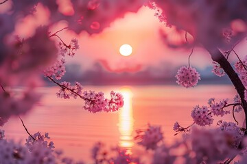beautiful scenic sunset seen through cherry blossoms, pastel hues, spring vibes