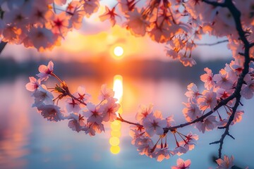 beautiful scenic sunset seen through cherry blossoms, pastel hues, spring vibes