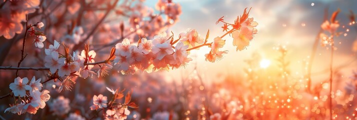 Naklejka na ściany i meble beautiful scenic sunset seen through cherry blossoms, pastel hues, spring vibes