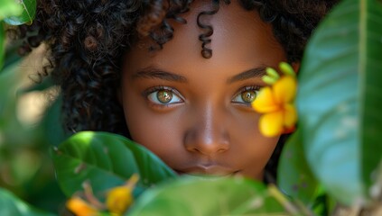 Close-up portrait of a beautiful african american woman with afro hairstyle and green leaves.