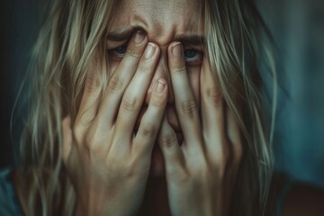 A woman with long blonde hair is crying and covering her face with her hands