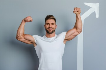 A man with a muscular build is posing with his arms raised in the air
