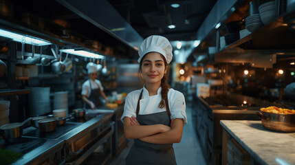 Portrait of a young female chef standing in the kitchen at the restaurant