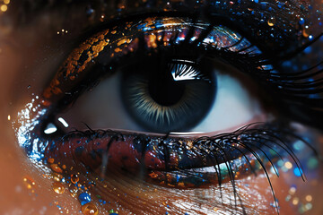 close view of woman's eye with decorative art makeup on her face - obrazy, fototapety, plakaty