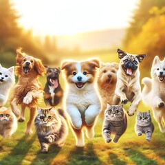 The image beautifully captures a group of cute and funny dogs and cats joyfully jumping and running across a field, with a blurred background that highlights their playful motion and expressions
