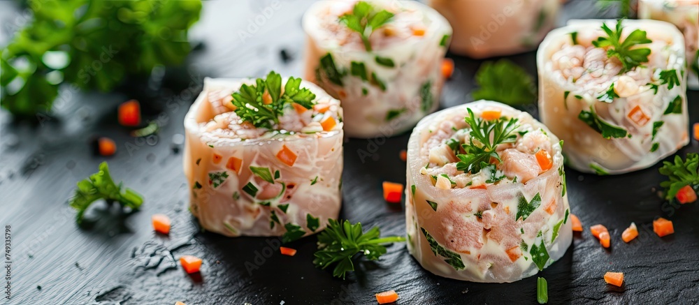 Wall mural A close-up view of meat salad rolls placed on a table, garnished with fresh parsley and displayed on a sleek black tablecloth. The rolls are neatly arranged and ready to be served or enjoyed.