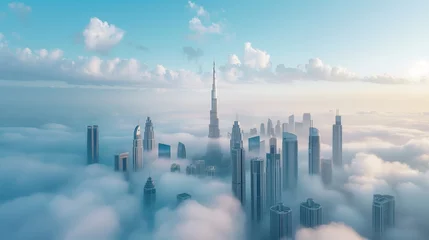 Poster Mistige ochtendstond Aerial view of Dubai frame and skyline covered in dense fog during winter season