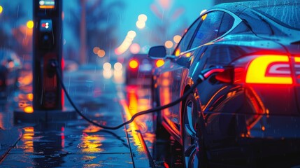 A close-up view of an electric vehicle being charged, capturing the vibrant reflections of street lights on a rainy evening.