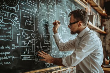 A man is writing on a blackboard with a marker