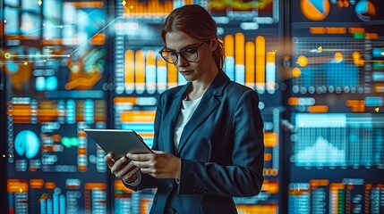Businessman Presenting Business Report with Tablet and Big Screen Displaying Graphs and Charts
