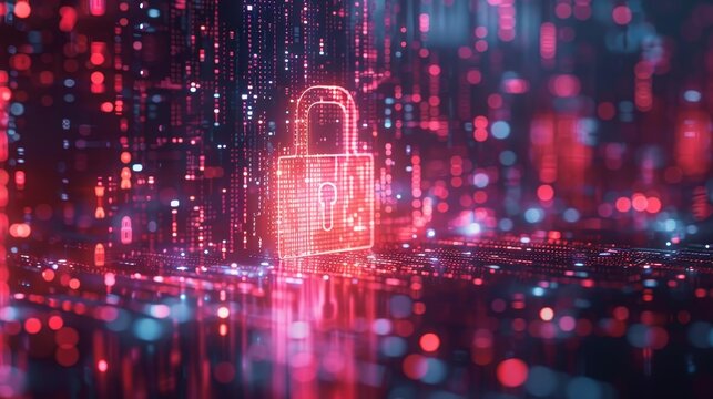 Neon glowing digital padlock symbolizing secure data encryption in a virtual world of binary code and cyber security.