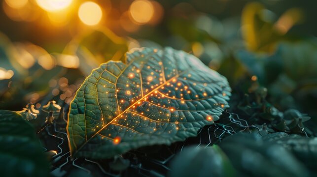 Sunset backlighting a leaf with electronic veins, a metaphor for the convergence of nature and digital technology.