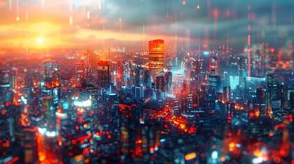 A stunning visual of a futuristic city at dusk, enhanced by a digital rain overlay symbolizing data flow in the urban environment.