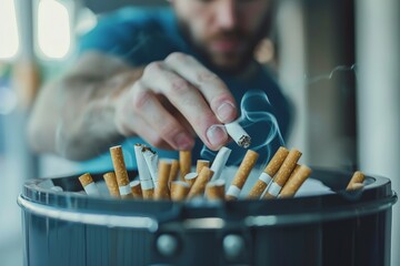 A man is smoking cigarettes and putting them in a trash can - obrazy, fototapety, plakaty
