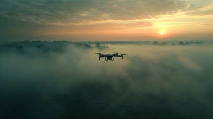 In the quiet of dawn, a drone flies over a landscape shrouded in fog, with the sun rising gently in the background. - obrazy, fototapety, plakaty