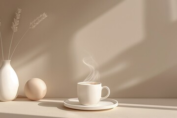 white cup of coffee on a soft coffee background. interior